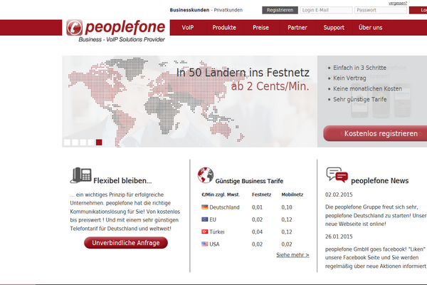 Erste Startseite der peoplefone Deutschland.