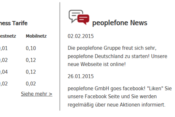 Screenshot mit den ersten Ankündigungen der peoplefone auf der ersten Homepage.