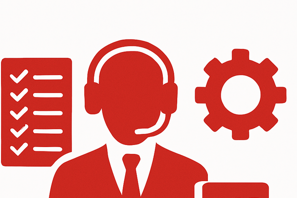 Karikatur Helpdesk Operator in roter Farbe.