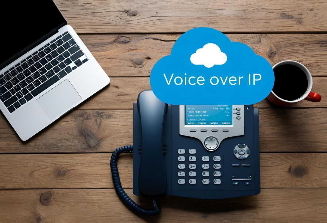 Banner mit blauer Wolke und Schriftzug Voice over IP.
