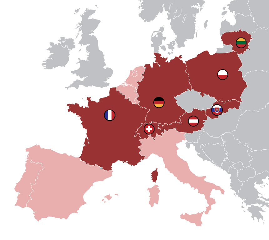 Europakarte mit Länderniederlassungen der peoplefone.